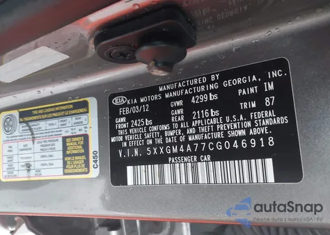 2012 Kia Optima Lx from USA, damaged, VIN 5XXGM4A77CG046918